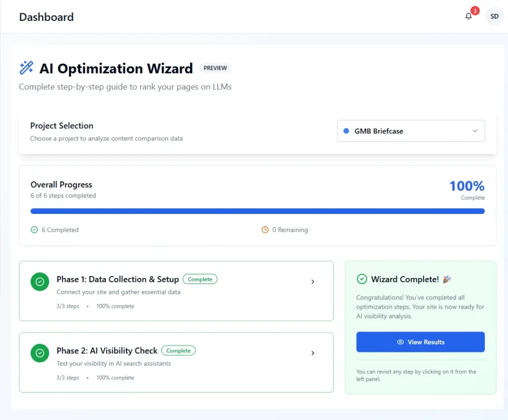 LLMClicks Optimization Wizard dashboard illustrating how scattered AI SEO audits, keyword gaps, and technical issues are automatically consolidated into a prioritized, step-by-step task roadmap for writers and developers.