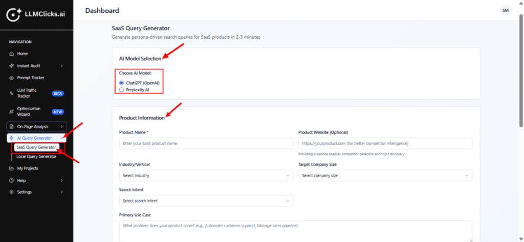 SAAS Query Generator dashboard
