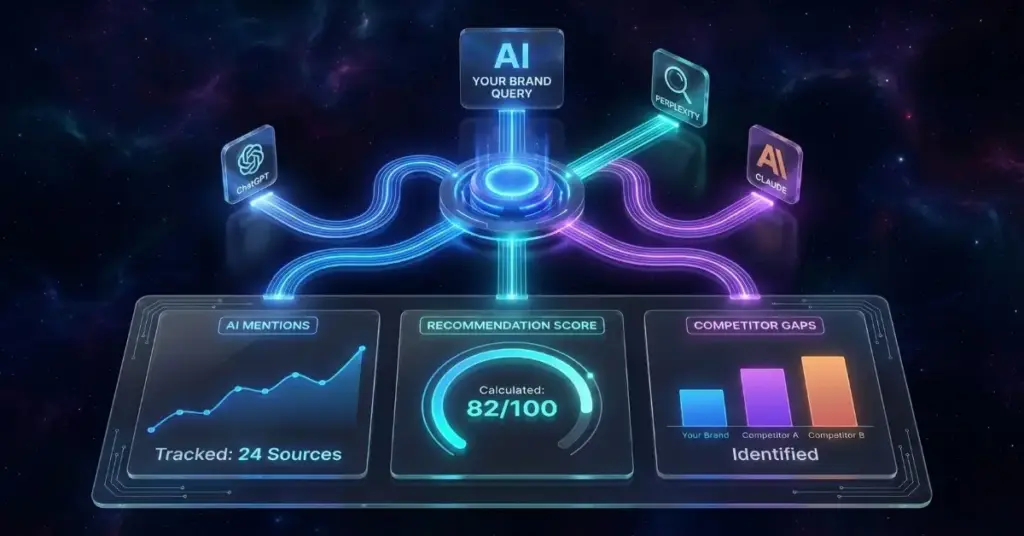 3D visualization of the AI Visibility Checker process. A central hub sends brand queries to ChatGPT, Perplexity, and Claude, generating a glass dashboard report that displays an 82/100 Recommendation Score, AI Mention tracking graph, and Competitor Gap analysis bars.