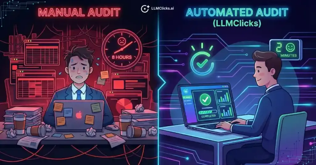 Visual comparison showing the inefficiency of manual prompt checking versus automated AI brand reputation management using enterprise tracking tools.