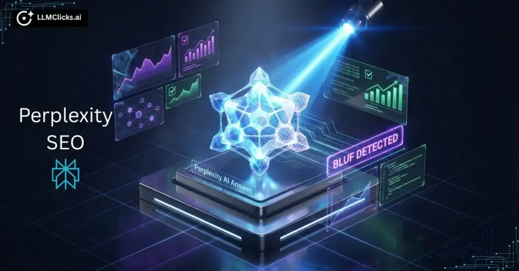 3D isometric illustration of a search algorithm being scanned and reverse-engineered, highlighting the hidden ranking factors for Perplexity AI.