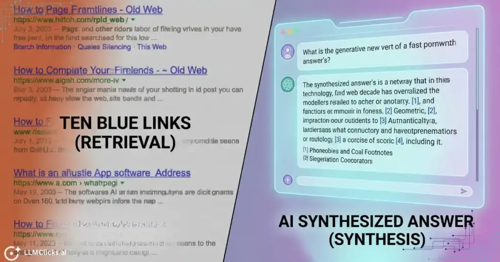 Split-screen visualization contrasting traditional ten blue links with a sleek modern AI synthesized answer with footnotes.