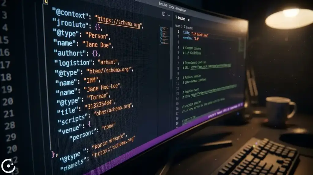 Macro view of a computer monitor displaying JSON-LD schema markup and llms.txt code for Generative Engine Optimization.